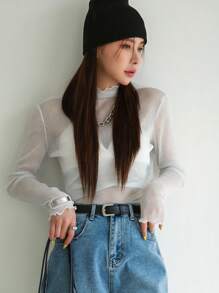 DAZY Top transparente con cuello de tortuga, recorte de lechuga y sin sujetador
