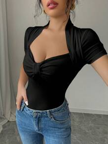 INAWLY Women's Summer Sweetheart Neck Short Sleeve Slim Fit T-Shirt - Black - View 4