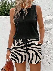 SHEIN LUNE Conjunto de 2 piezas de pantalones holgados de pierna ancha con estampado de cebra de estilo minimalista casual para mujer, combinado con top corto sin mangas de cuello redondo negro, adecuado para el verano