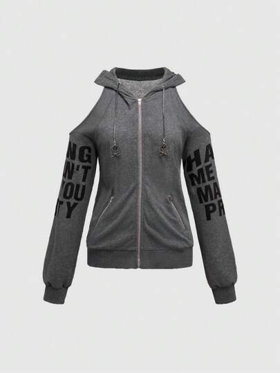 Grunge Punk Sweat-shirt à capuche ajusté avec imprimé slogan, épaules dénudées, manches évasées, style vintage Y2K gyaru