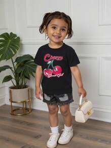 SHEIN 2 chiếc/bộ áo phông in hình cô gái trẻ dễ thương màu xám + quần short denim cũ kỹ giặt màu đen, trang phục phong cách đường phố thường ngày - màu đen - Xem 4