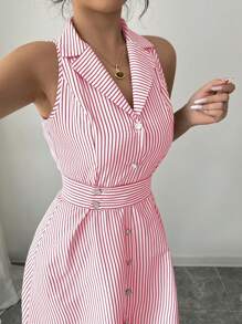 Elenzga Vestido midi de rayas casual elegante para mujer, apto para la oficina y el viaje