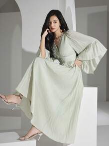 Heiryn 女士 V 领长款纯色日常连衣裙 - 灰綠 - 查看 7