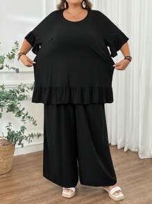SHEIN CURVE+ 女式两件套简约休闲短袖娃娃衬衫 T 恤和裤子套装，加大码，适合夏季穿着夏季/乡村/海滩度假装/沙滩装/沙滩装 - 黑色 - 查看 6