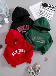 SHEIN 3pcs Toddler Boys' Stylish Long Sleeve Hooded Sweatshirt, Black, Green, Red Color Options, Letter Print Decor Fall Winter - Multicolor - View 3