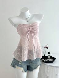 Elamini เสื้อลุงผ้าปักผิวสัมผัส ผู้หญิง ปล่อยคอ ดราวสายรูด สำหรับฤดูใบไม้ผลิ/ฤดูร้อน