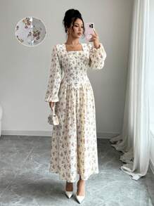 Modelyn French Elegant Ditsy Floral Square Neck Tie Waist Midi Dress