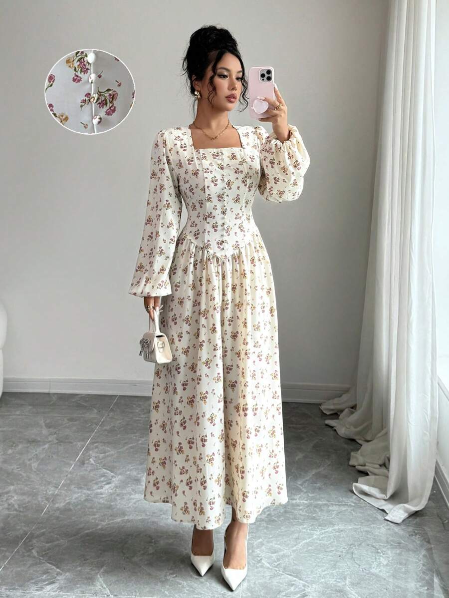 Modelyn French Elegant Ditsy Floral Square Neck Tie Waist Midi Dress