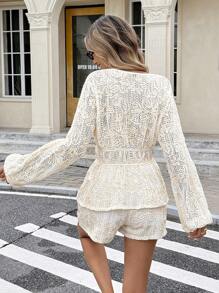 Serisse 女士两件套度假套装：前系带腰部衬衫和短裤，夏季 - 杏色 - 查看 2