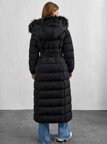 EURMUSE Petite Size Faux Fur Hooded Puffer Long Length Coat, Pasek, Metalowy Zamek Błyskawiczny I Akcesoria, Ciepły I Elegancki - Czarne - Zobacz 2