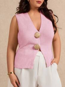 Elaquor Plus Size Women Metal Shell Decor V-Neck Knitted Vest In Fall/Winter - Pink - View 6