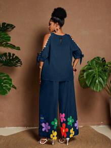 Maweii Plus Size Summer Vacation Off-Shoulder Cartoon Floral Shirt & Pants Two Pieces Set - Navy Blue - View 2