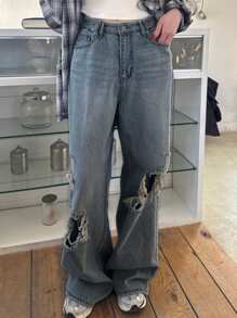 DAZY 女式轻盈水洗宽松做旧直筒牛仔裤，街头风格，四季皆宜 - 淺色水洗藍 - 查看 4