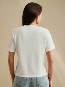 Anewsta New Fashionable High Quality Casual Minimalist Embroidered Design Women Summer T-Shirt - White - View 2