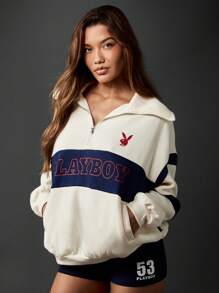 Missguided x Playboy Sudadera de medio cierre con cremallera, estilo deportivo retro, suéter informal de equipo universitario, moda de invierno y otoño, ropa urbana cómoda, estilo universitario - Albaricoque - Ver 1