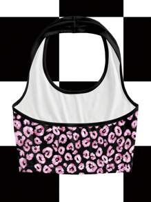 BiGraphic Black & Pink, Leopard Print, Rhinestone, Crystal, Chain, Bow, Casual, Hot Girl, Y2K Style, Women's Cropped Halter Neck Tank Top, Suitable For Summer, EDC, Music Festival Club Going-Out Back To School 2000s Style - Multicolor - View 2