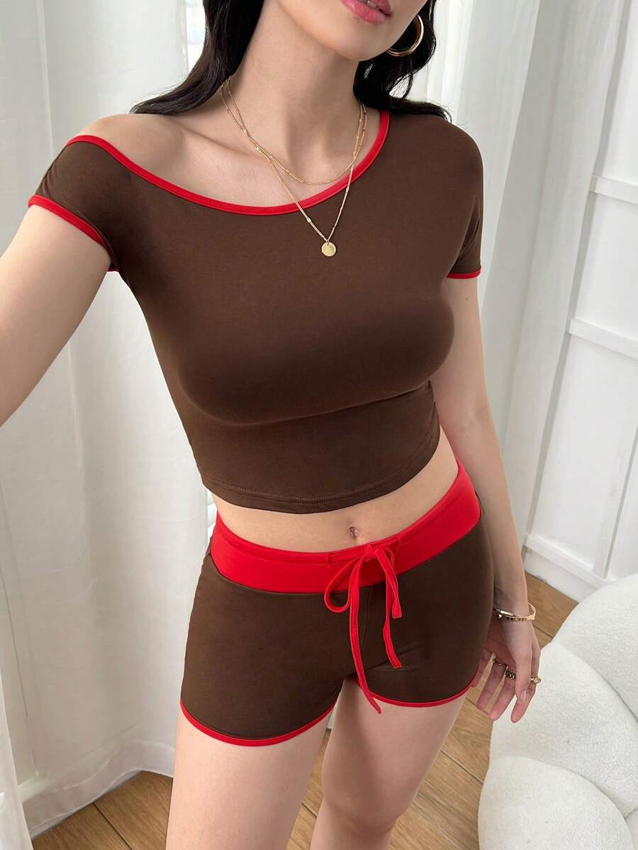 SHEIN ICON Asymmetrical Neck Short-Sleeve Elastic Waist Shorts 2-Piece Suit, Y2K Style, Tight Fit Red-Brown Stitched Small T-Shirt Drawstring Shorts Women Set