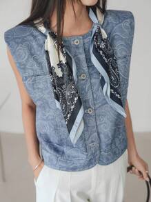 Dazy-Less Women's 2 Pieces Set: Loose Fit Plant Ditsy Floral Jacket With Scarf Decor, Casual/Business Commuter Elegant Office Wear, Spring, Summer, Autumn - Blue - View 1