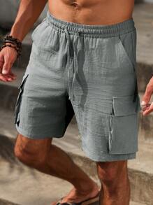 VENTUSAIL Quần short nam vải lanh trơn màu có dây rút cạp chun thường ngày Quần short nam có dây rút Quần short nam vải lanh Quần short nam thường ngày Quần short nam - Xám - Xem 3