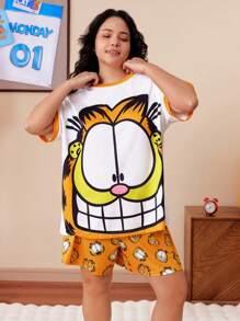 GARFIELD | SHEIN Bộ đồ ngủ tay ngắn in họa tiết hoạt hình cỡ lớn và quần short - Nhiều màu - Xem 3