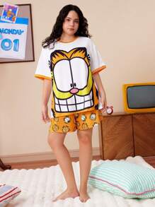 GARFIELD | SHEIN Bộ đồ ngủ tay ngắn in họa tiết hoạt hình cỡ lớn và quần short - Nhiều màu - Xem 4