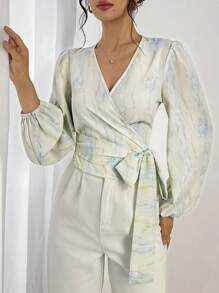 Modelyn Women's All-Over Print Cross Wrap V-Neck Tied Elegant Long Sleeve Blouse,Women's Fashion Casual Summer Birthday Women's Clothing Prom Dress Wedding Guest Dress Curve Summer Skirt Concert Clothing Wedding Clothing, Fabric Soft Print Cross Asymmetric Women's Tops Shirt, Green Women's Tops Shirt Matching Fashion And Elegance, Fabric Soft And Stretchy - Baby Blue - View 5