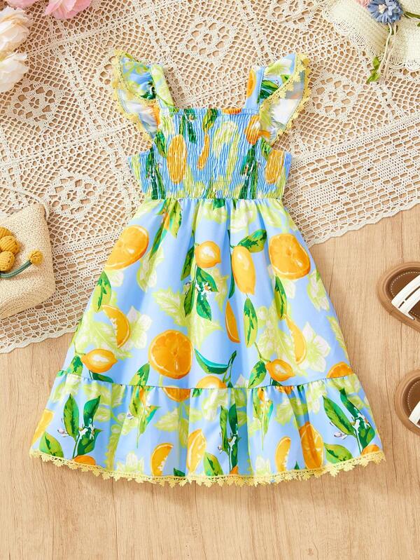 SHEIN Rochie casual galbenă cu imprimeu floral integral pentru bebeluși/fetițe, confortabilă și elegantă