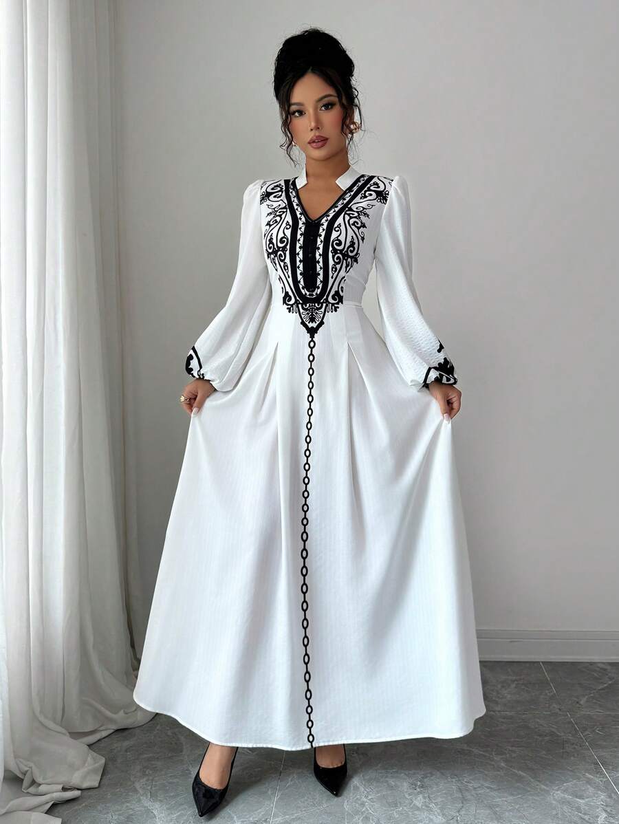 Modelyn 女式春秋度假碎花缎面缺口领灯笼袖修身连衣裙 - 白色 - 查看 1