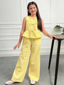 SHEIN Tween Girls Casual Minimalist Comfy Round Neck Ruffle Hem Camisole And Pants 2 Piece Set - Yellow - View 3