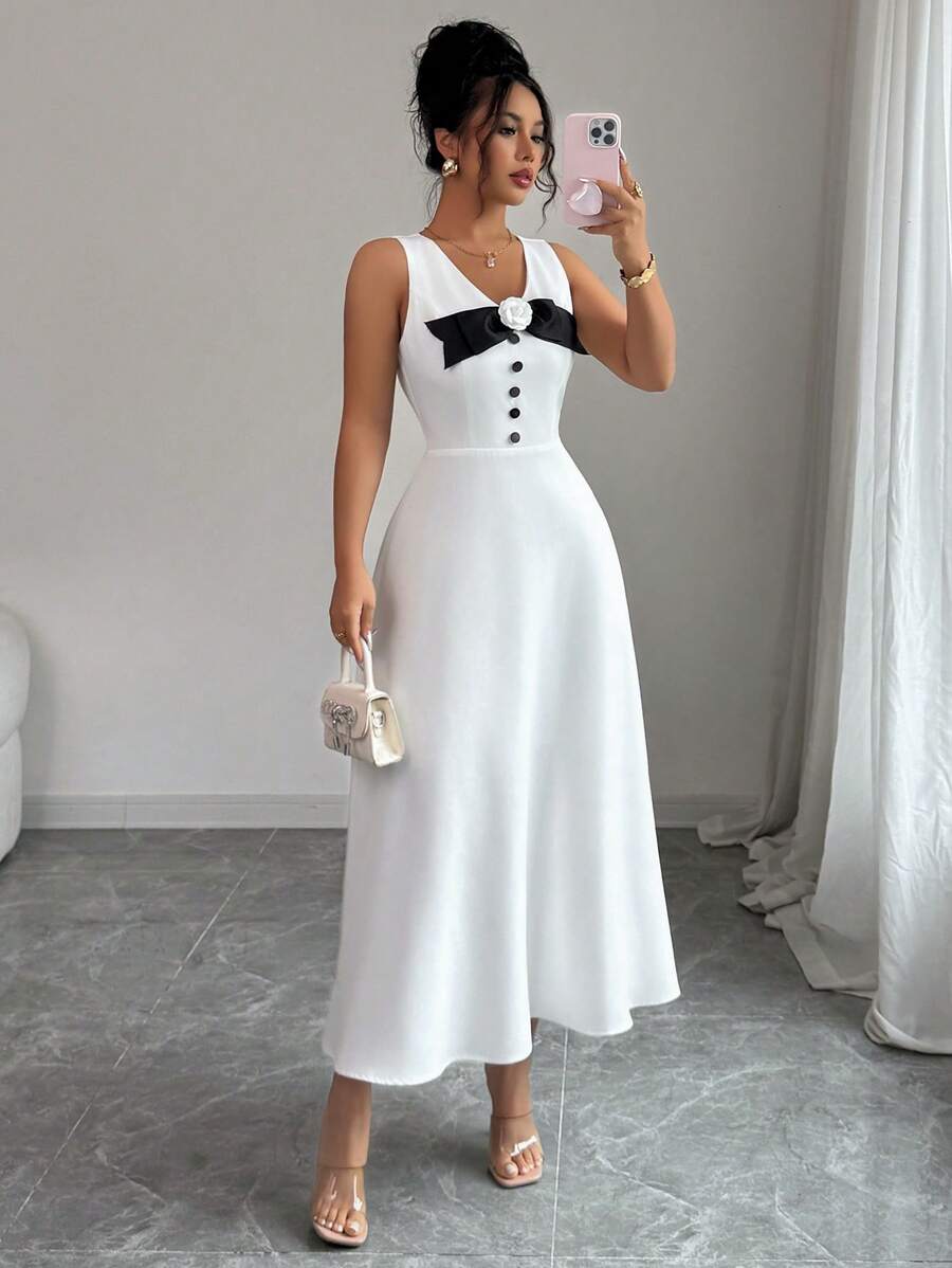 Elenzga Rochie de seară elegantă pentru femei cu fundă, rochie fără mâneci cu decolteu în V, rochie formală de lux - alb - Vizualizare 1