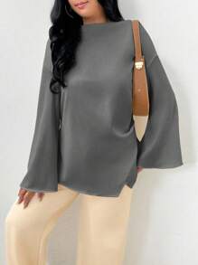 INAWLY 女士优雅中长款中式喇叭袖衬衫，适合工作和日常穿着 - 灰色 - 查看 6