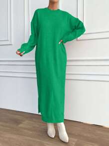 EURMUSE Women Solid Color Round Neck Long Sleeve Simple Long Casual Sweater Dress - Green - View 1