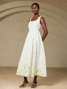 Aveloria Rosie Romantic Minimalist Wide Strap Square Neck Fully Embroidered Print Fitted Flare Hem Dress For Women