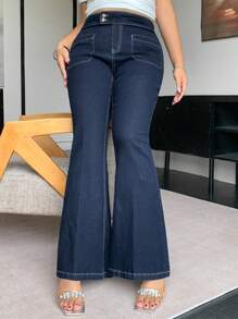 Dazy Plus Dark Wash Blue Double-Breasted Collar Elastic Slim-Fit Flare Leg Jeans, All Season - Dark Wash - View 8