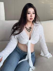 Dazy Plus 蕾丝透视长袖镂空系带女式衬衫 - 白色 - 查看 4