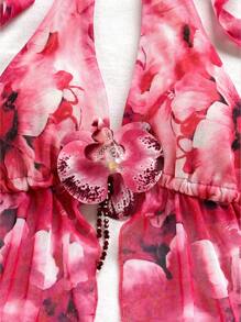 SHEIN x Eduarda Gutierrez Soleia 女士复古渐变色花卉印花针织网眼露背蝴蝶结上衣和褶饰迷你裙套装，适合派对、约会、下午茶、海滩、狂欢节、夏季 - 玫紅色 - 查看 7