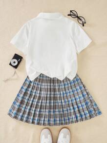 SHEIN 2pcs Girls Back-To-School Outfit Set,Blue And White Plaid Waisted Skirt&Collared Short Sleeve Logo Top,Summer Casual School Sports Wear - White - View 2