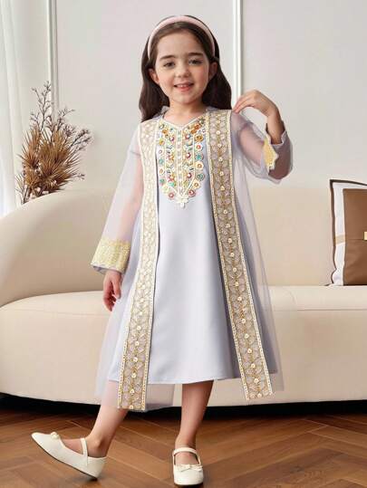 SHEIN Young Girl 2 Pieces Set: Woven Solid Color Coat And Dress