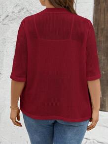 Chaqueta de talla grande para mujer de manga 3/4, de tela texturizada y de unicolor con abertura frontal - Burdeos - Ver 2