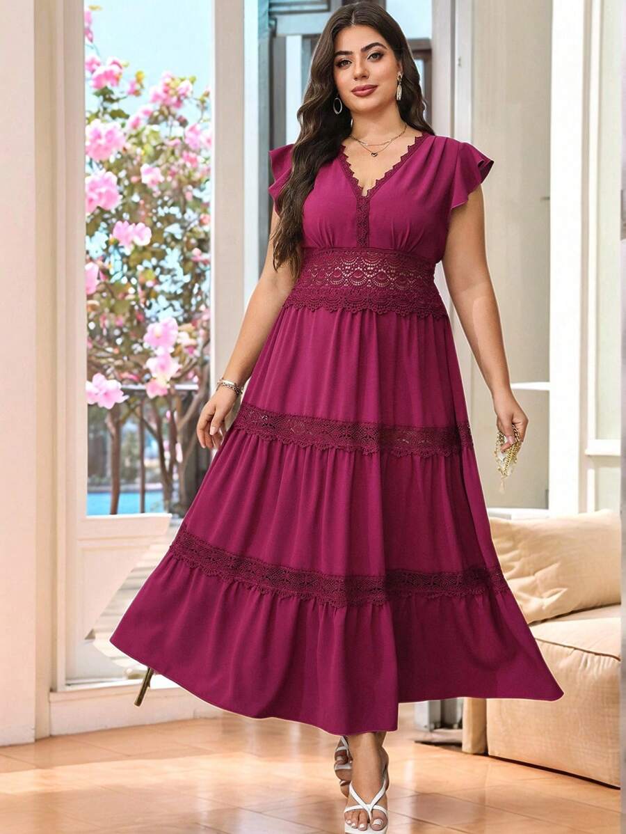 SHEIN Clasi Curve 加大码女式浪漫优雅正式玫红色 V 领蕾丝边装饰荷叶边小帽袖腰 A 字长裙，女士夏季连衣裙，女士生日连衣裙 - 中紫紅色 - 查看 1