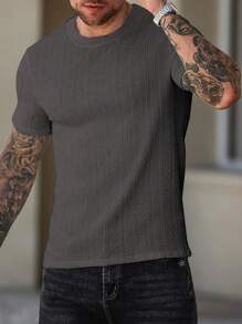 Manfinity Homme 男士休闲纯色纹理短袖 T 恤，夏季男士短袖 T 恤男士休闲短袖上衣男士针织 T 恤。送给男朋友或丈夫的绝佳礼物。 - 深灰色 - 查看 3