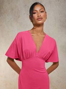 COSMINA Vestito lungo elegante da donna con scollo a V, maniche a pipistrello, vita stretta, colore unito