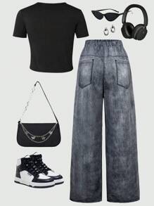 Conjunto de camiseta de manga corta negra con estampado de letra inglesa y estrella negra + pantalón negro para mujer, 2 conjuntos a juego de madre e hija (se venden por separado)