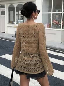 Livesso Women's Hollow Out Long Sleeve Round Neck Cover-Up, Summer Vacation - Khaki - View 2