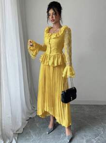 Modelyn 女士修身方领喇叭袖两件套 - 黃色 - 查看 6