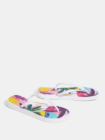 Chanclas negras de mujer con estampado de plantas tropicales, pantuflas de playa casuales, antideslizantes