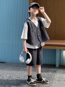 DAZY Tween Boy Casual Washed Denim Top + Denim Shorts Set, Summer