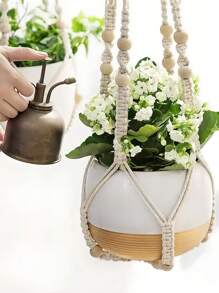 1 pieza Cesta colgante decorada con cuentas - Macramé de estilo bohemio para colgar plantas, canasta de pared hecha a mano con cuentas, organizador de almacenamiento decorativo para hogar, cocina, baño, oficina, estilo costero, decoración colgante minimalista, jardín, decoración del hogar