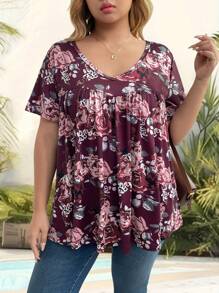 EMERY ROSE Plus Size Summer New Casual Versatile T-Shirt, Loose V-Neck Flattering Knit Top For Women - Multicolor - View 1