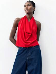 Maija Áo nữ cổ tròn hở lưng màu trơn, kiểu dáng thời trang, thích hợp mặc đi nghỉ mát, áo nữ dịp Giáng sinh. - Đỏ - Xem 4